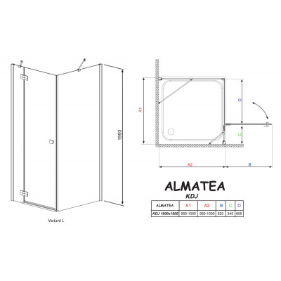 Душевой уголок Radaway Almatea KDJ 100 стекло графит, лев. 32150-01-05NL