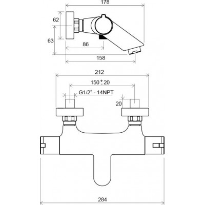 Настеный термостатический смеситель для ванны без гарнитуры Ravak Termo TE 022.00/150 X070047