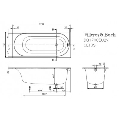 Акриловая ванна Villeroy & Boch Cetus UBQ170CEU2V-01 alpin UBQ170CEU2V-01